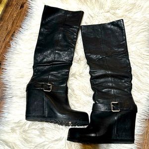 Vera Wang black wedge heel leather boots.  Size 8.5.